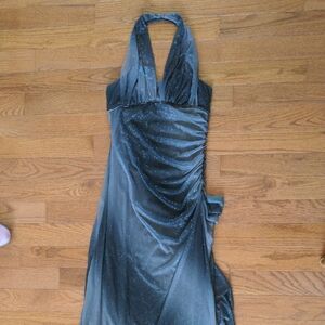 Grey and Black Sparkly Sequin Long Halter Dress